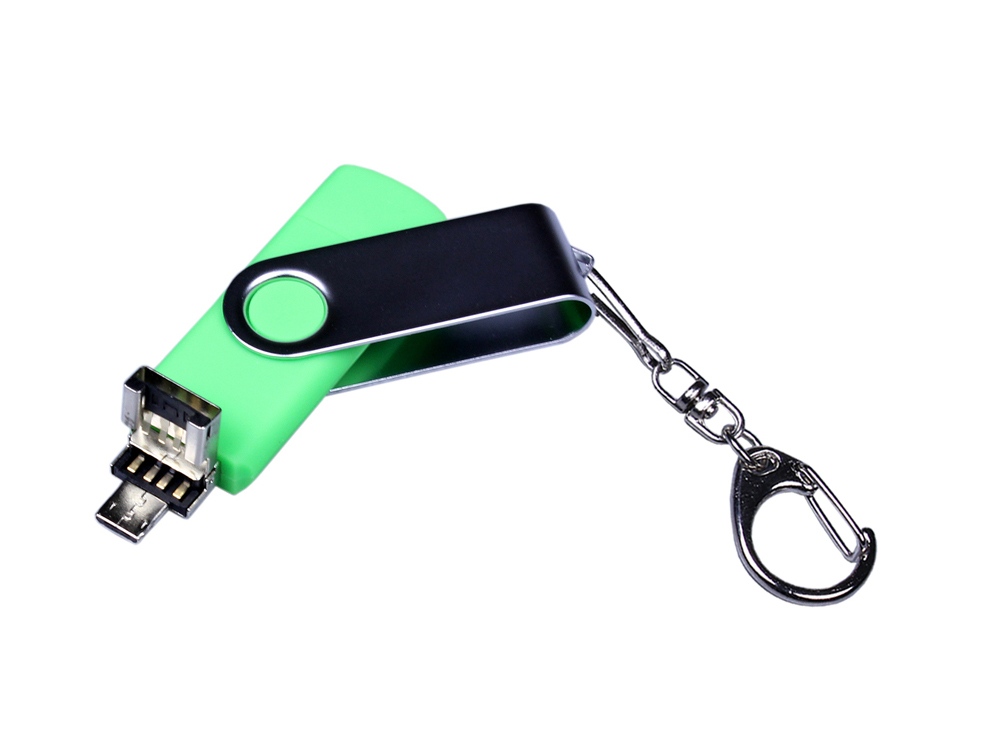 USB-флешка на 64 ГБ поворотный механизм, c двумя дополнительными разъемами MicroUSB и TypeC, зеленый