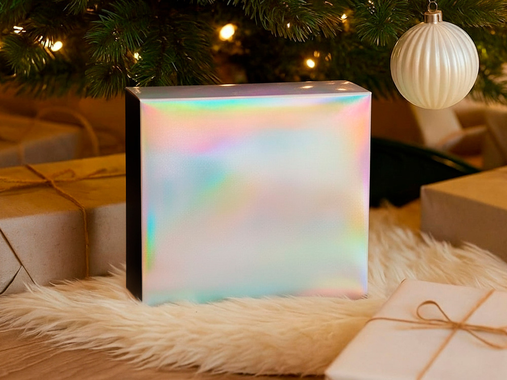 Подарочная коробка с голографическим шубером без печати Aurora, L, 260х260х100 мм. Подарочная коробка с голографическим шубером без печати Aurora, L, 260х260х100 мм.