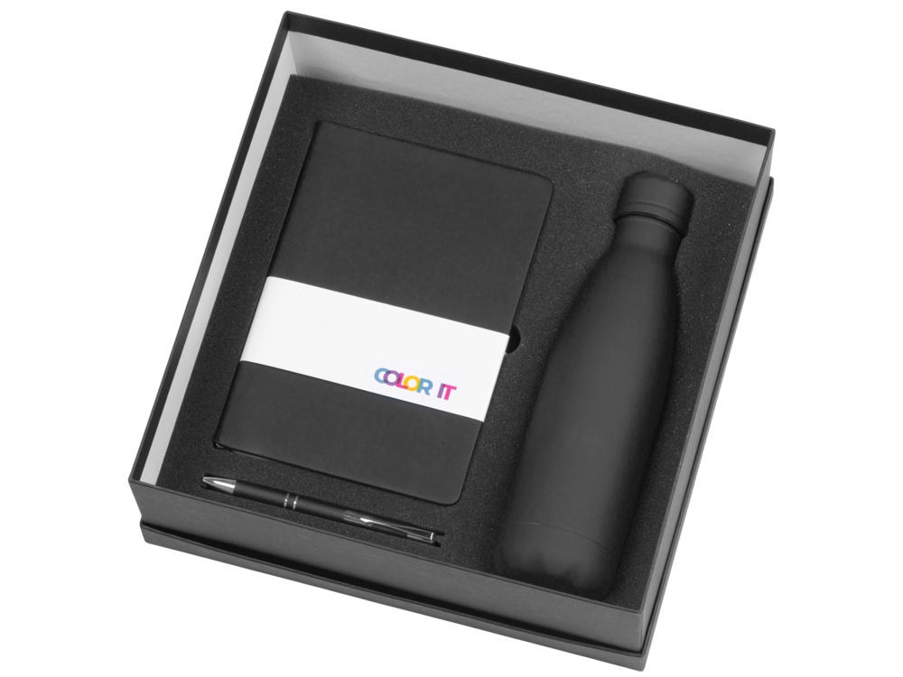 Подарочный набор с блокнотом С2, металлической ручкой и термобутылкой, черный