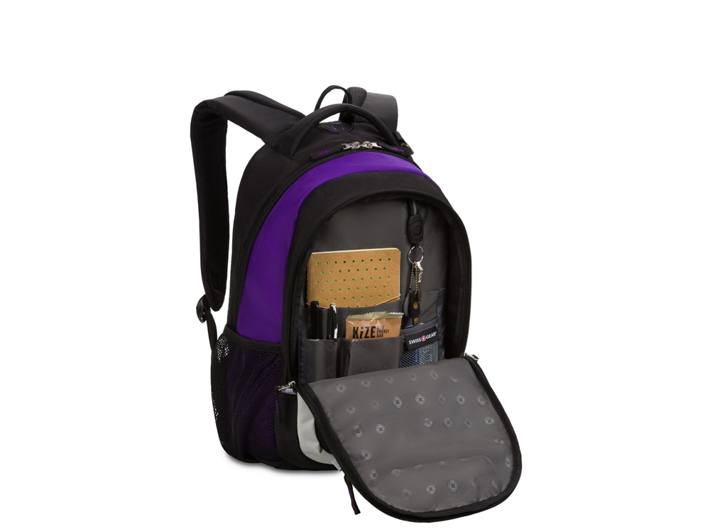 Рюкзак SWISSGEAR, чёрный/фиолетовый/серебристый, полиэстер 600D, 32х15х45 см, 22 л