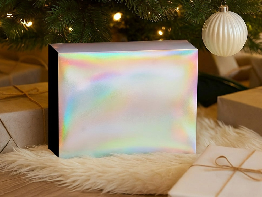 Подарочная коробка с голографическим шубером без печати Aurora, XL, 300х235х105 мм. Подарочная коробка с голографическим шубером без печати Aurora, XL, 300х235х105 мм.