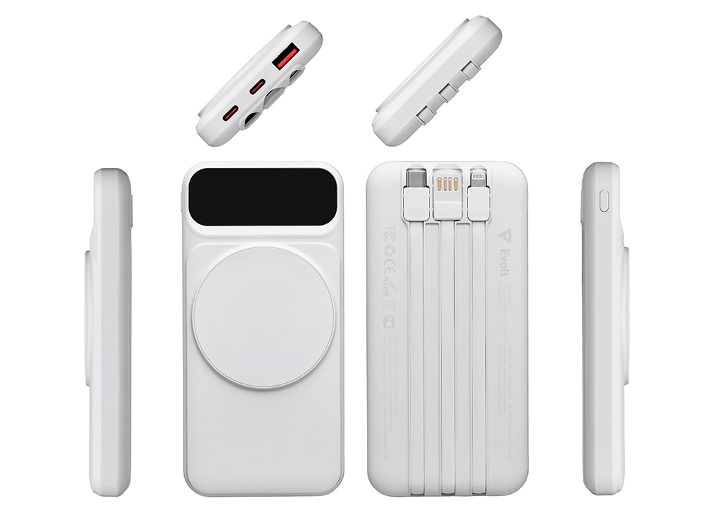 Магнитный беспроводной внешний аккумулятор со встроенными кабелями Мэни,быстаря зарядка, 10000 мАч, белый