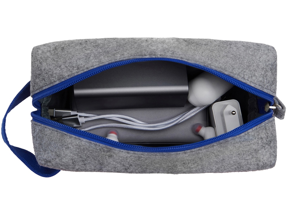 Органайзер для электроники и проводов Felt из RPET-фетра с ручкой, серый с синим