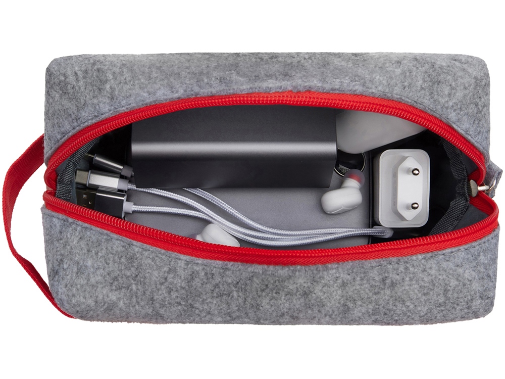 Органайзер для электроники и проводов Felt из RPET-фетра с ручкой, серый с красным
