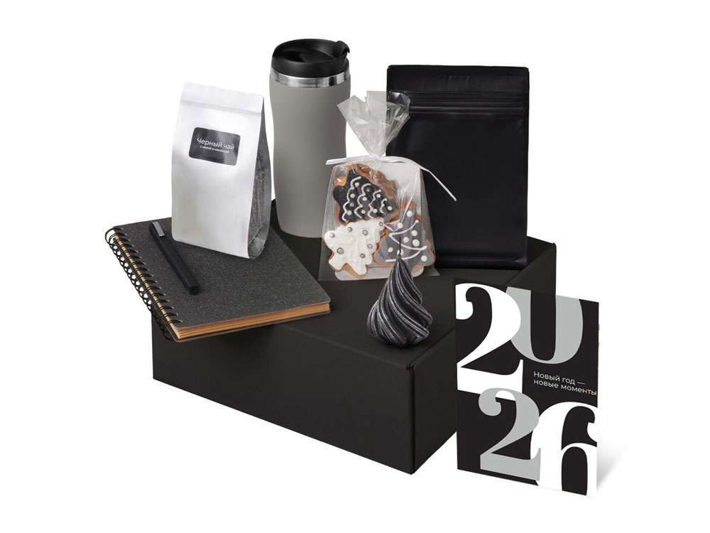 Подарочный набор c термокружкой, чаем, кофе и блокнотом, серый