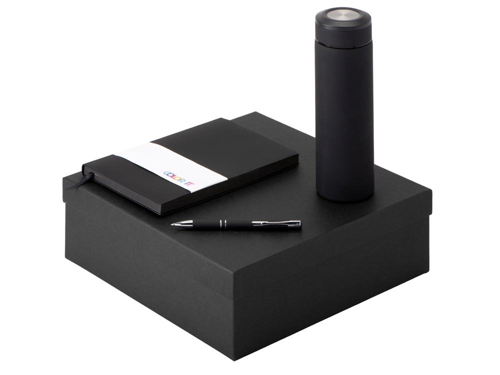 Подарочный набор с блокнотом С1, металлической ручкой и термосом, черный Подарочный набор с блокнотом С1, металлической ручкой и термосом, черный