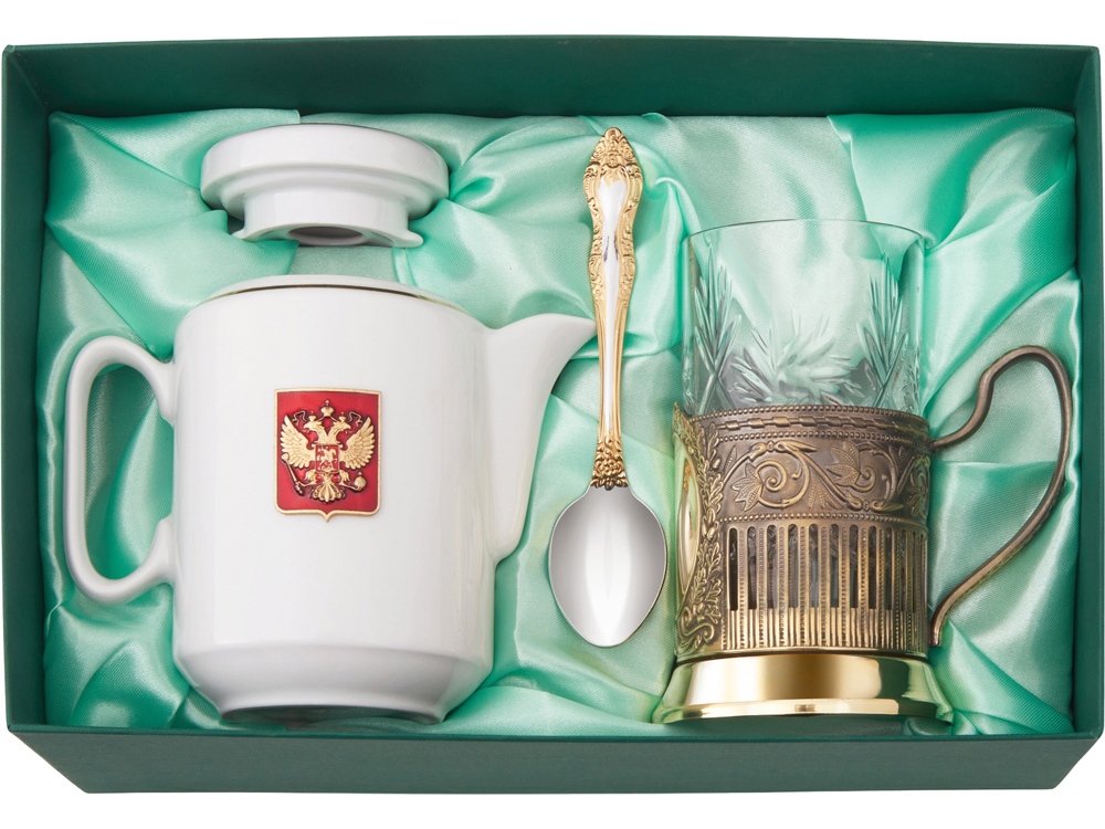 Чайный набор с подстаканником и фарфоровым чайником ЭГОИСТ-Л, золотистый/белый Чайный набор с подстаканником и фарфоровым чайником ЭГОИСТ-Л, золотистый/белый