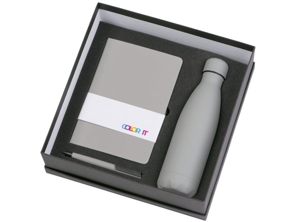 Подарочный набор c блокнотом C1, ручкой и термобутылкой, серый