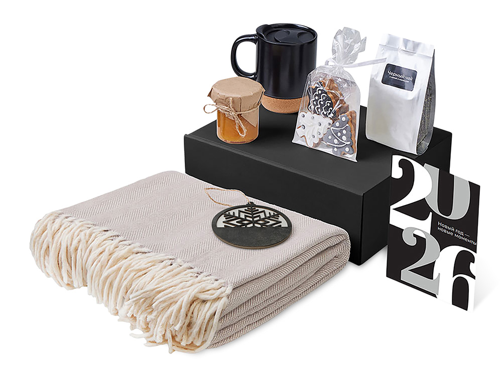 Подарочный набор c пледом, кружкой и вареньем, черный