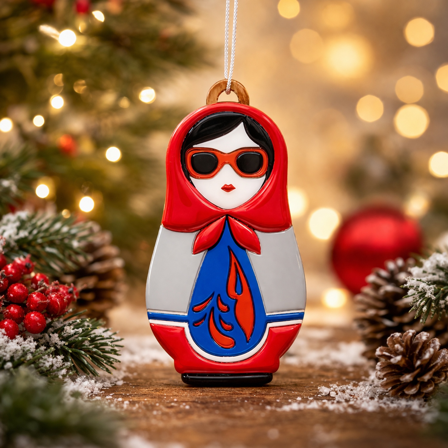 Ёлочная игрушка Матрёшка с узорами (красный с синим) Ёлочная игрушка Матрёшка с узорами (красный с синим)