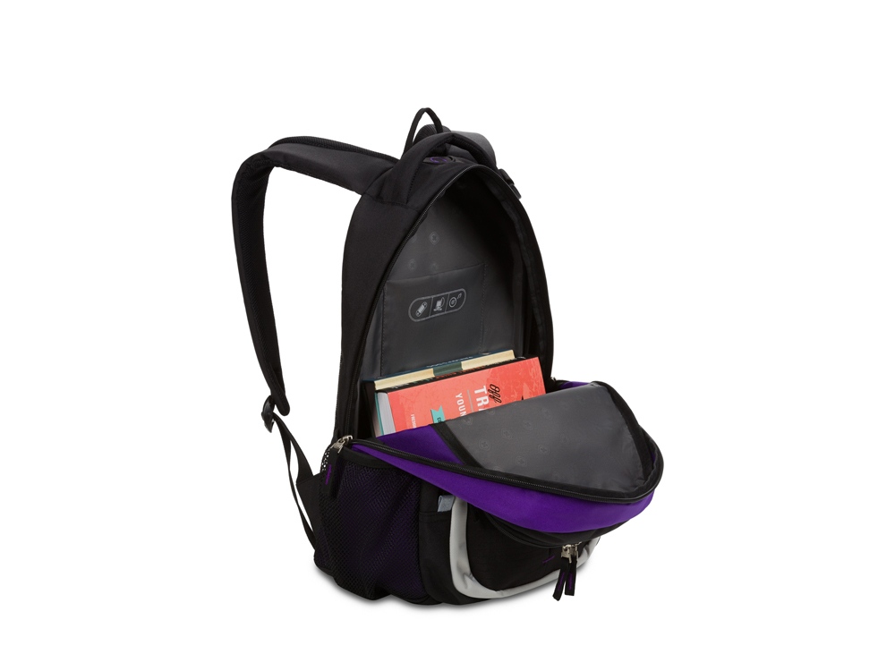 Рюкзак SWISSGEAR, чёрный/фиолетовый/серебристый, полиэстер 600D, 32х15х45 см, 22 л