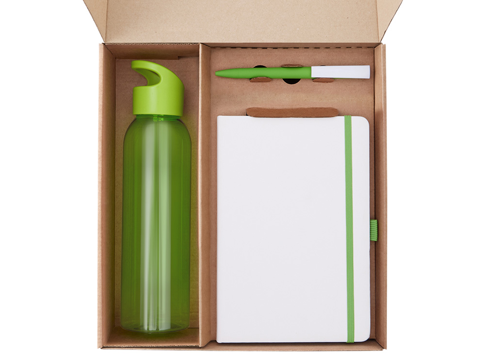 Подарочный набор с бутылкой для воды. блокнотом, ручкой и ланчбоксом, зеленое яблоко Подарочный набор с бутылкой для воды. блокнотом, ручкой и ланчбоксом, зеленое яблоко