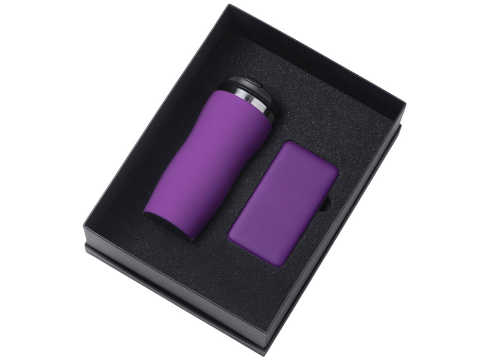 Подарочный набор c вакуумной термокружкой и повербанком С2, фиолетовый Подарочный набор c вакуумной термокружкой и повербанком С2, фиолетовый