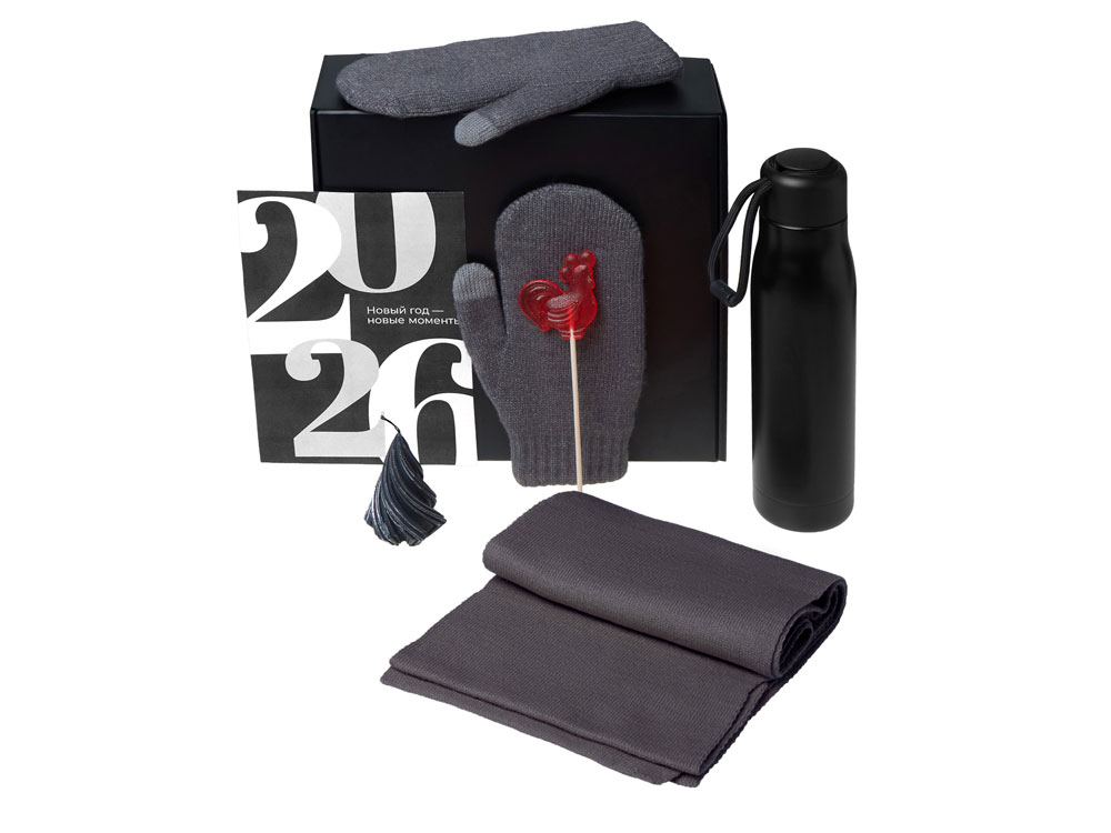 Подарочный набор с варежками, шарфом и термосом, серый