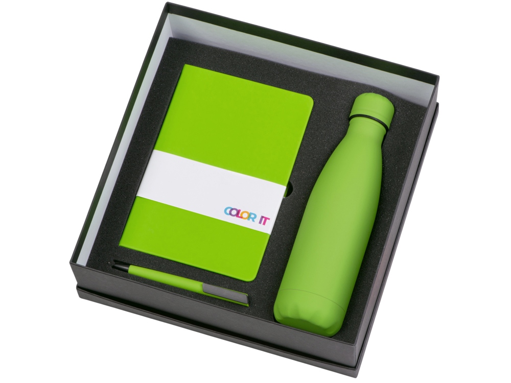 Подарочный набор c блокнотом C2, ручкой и термобутылкой, зеленое яблоко