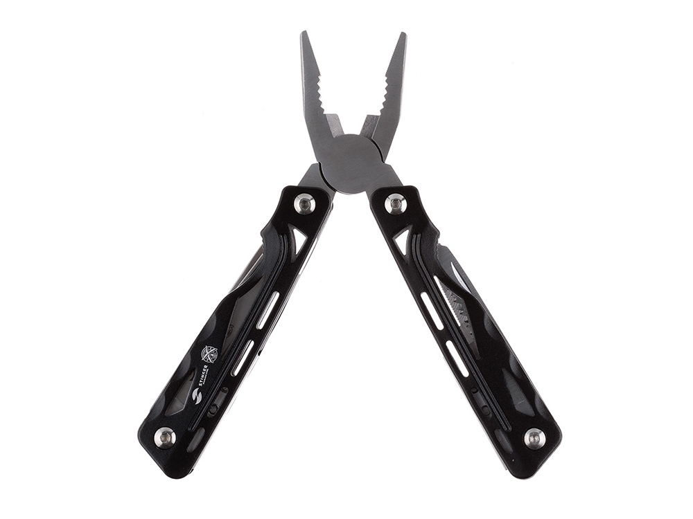 Мультитул Stinger, 105x40 мм, 9 функций, сталь/алюминий, чёрно-серебристый, в нейлоновом чехле