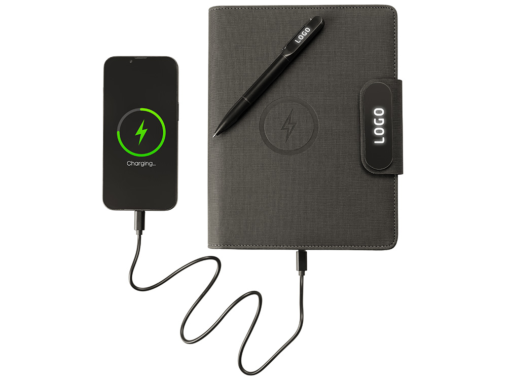 Подарочный набор металлическая ручка и блокнот А5 Twilight  со светящимся логотипом и пауэрбэнком