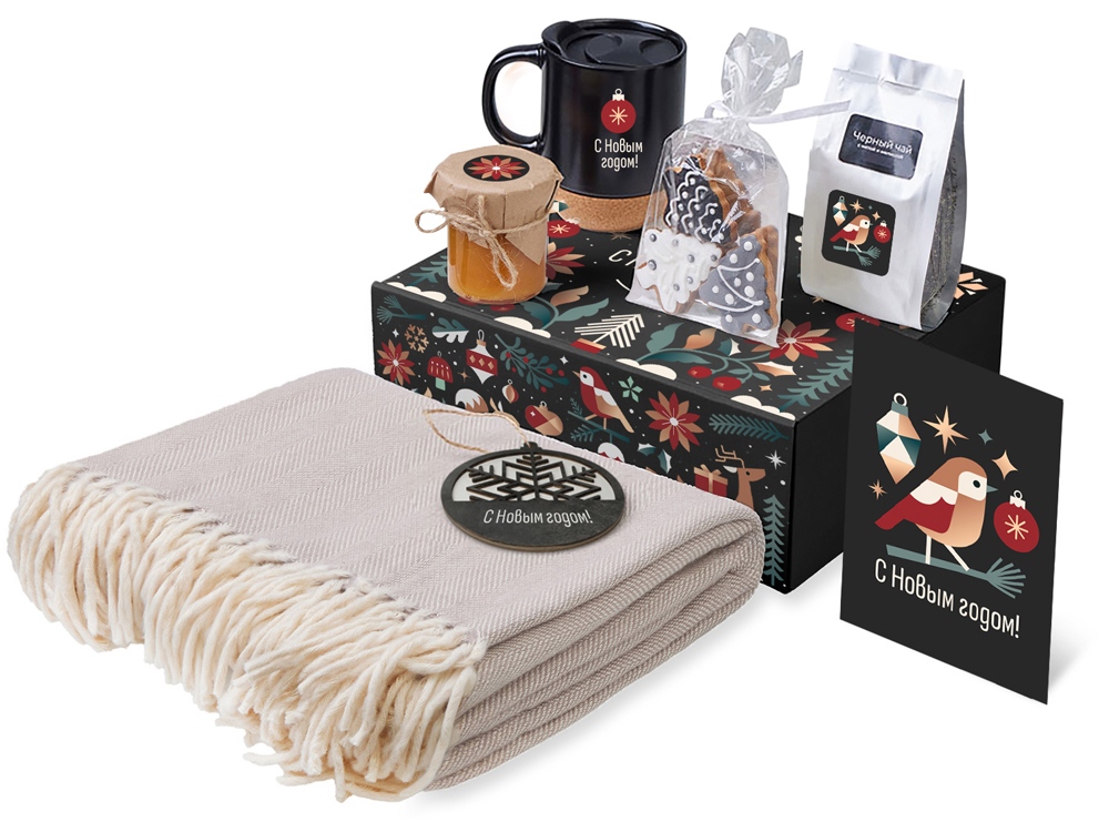 Подарочный набор c пледом, кружкой и вареньем, черный