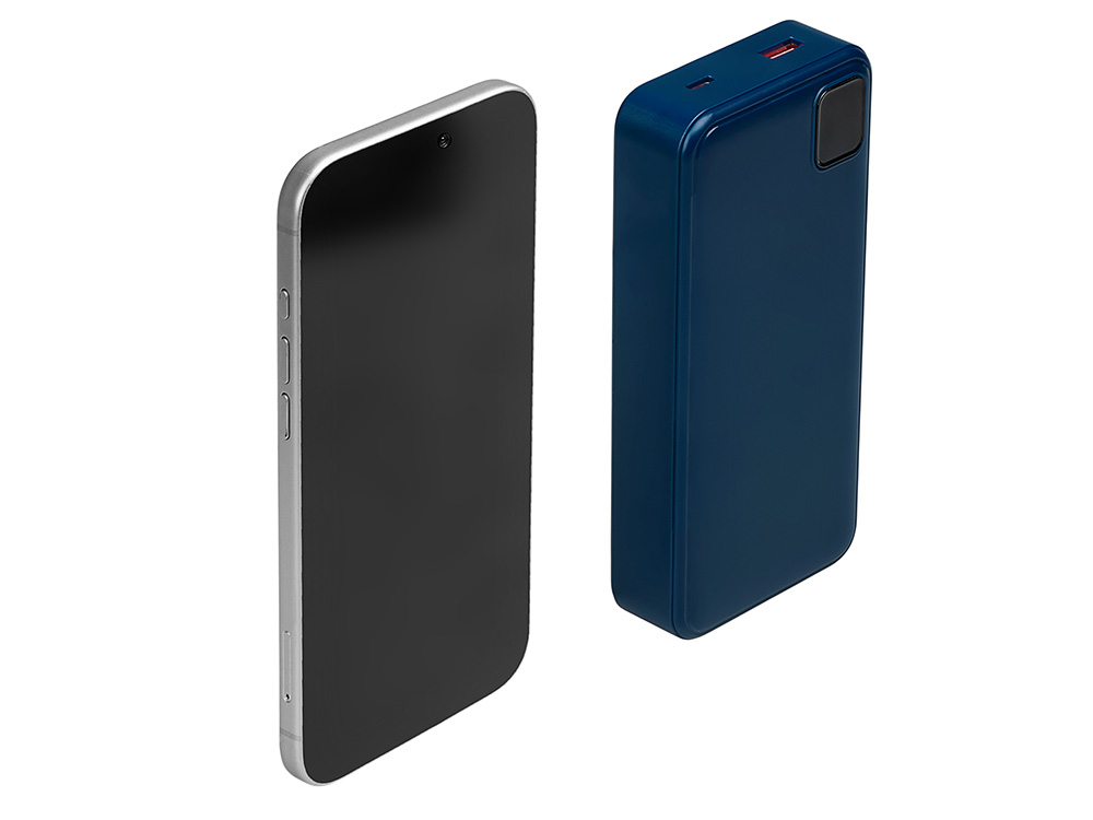 Внешний аккумулятор со встроенными кабелями Фрэйм Про, быстрая зарядка, 20000мач, тёмно-синий