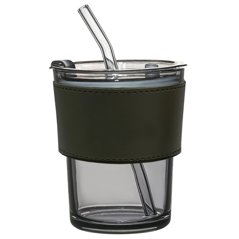 Стакан стеклянный с трубочкой и капхолдером Karamel, зелёный