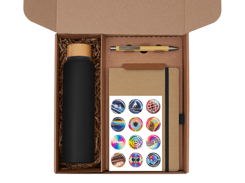 Подарочный набор с бутылкой для воды. блокнотом, ручкой и подставкой для телефона, черный