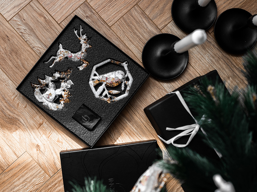 Елочные игрушки ( Снегирь+ Олень+ Ель) Розовый кварц