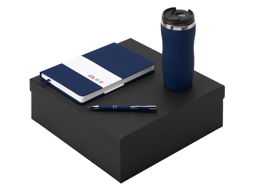 Подарочный набор с блокнотом С2, металлической ручкой и термокружкой, темно-синий