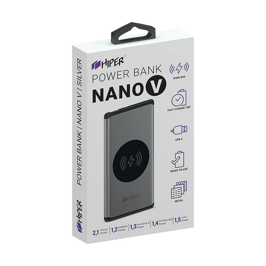 Универсальный аккумулятор NANO V Dark Blue 5000 мАч, с беспроводной зарядкой в алюминиевом корпусе