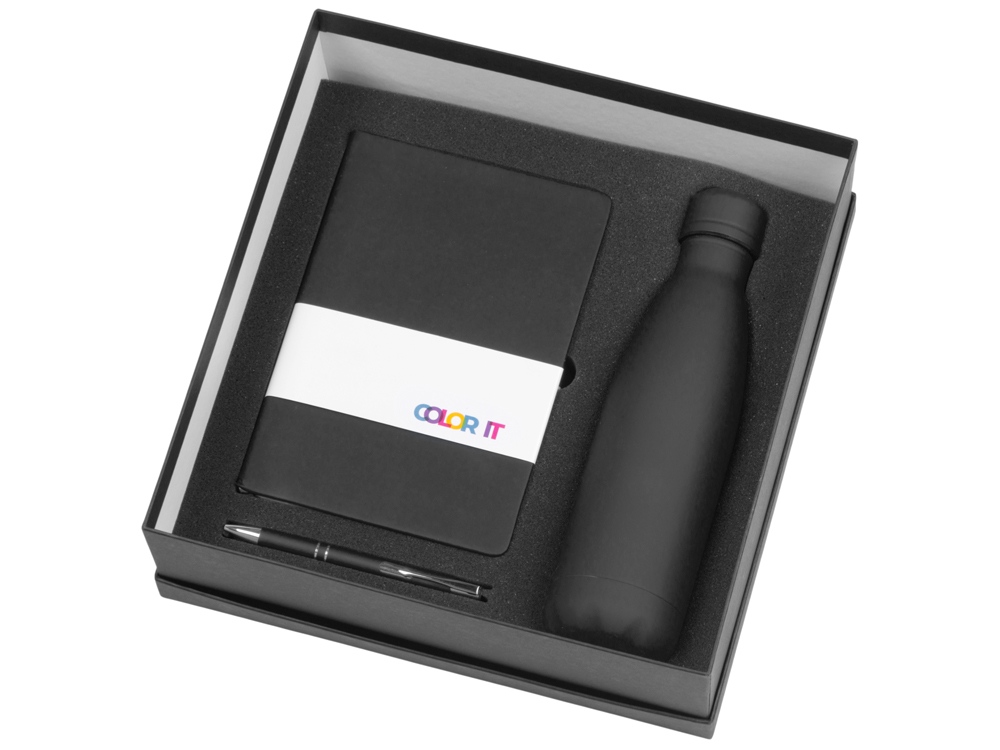 Подарочный набор с блокнотом С1, металлической ручкой и термобутылкой, черный Подарочный набор с блокнотом С1, металлической ручкой и термобутылкой, черный