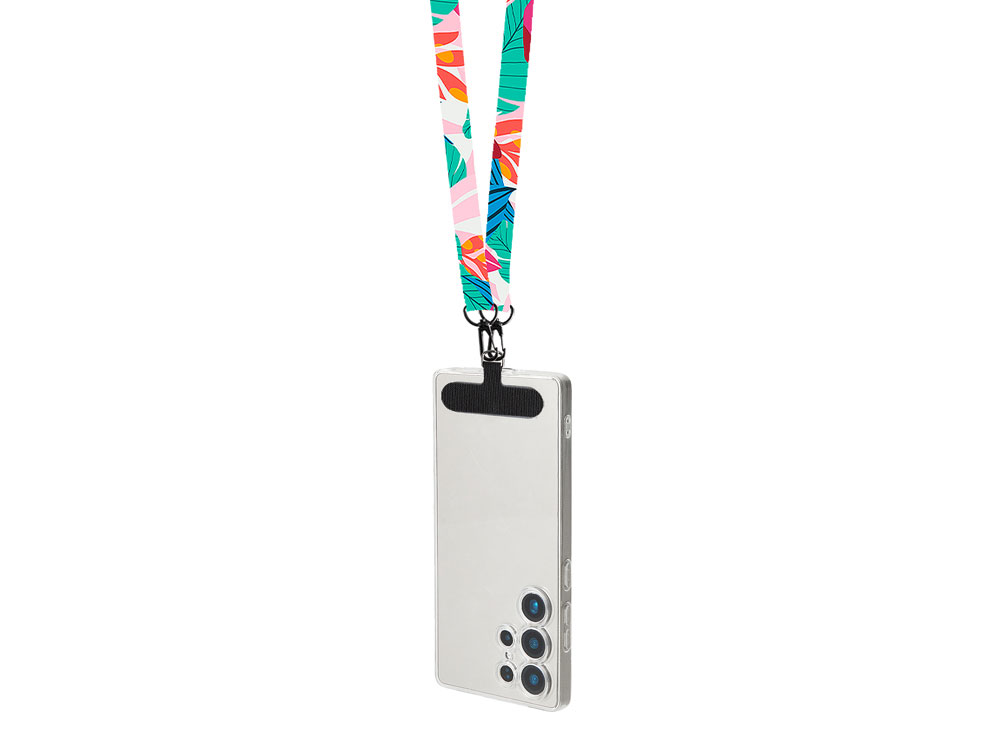 Ланъярд 2 см под сублимацию с 2-мя трендовыми карабинами и узким держателем для телефона из ПЭ, черный