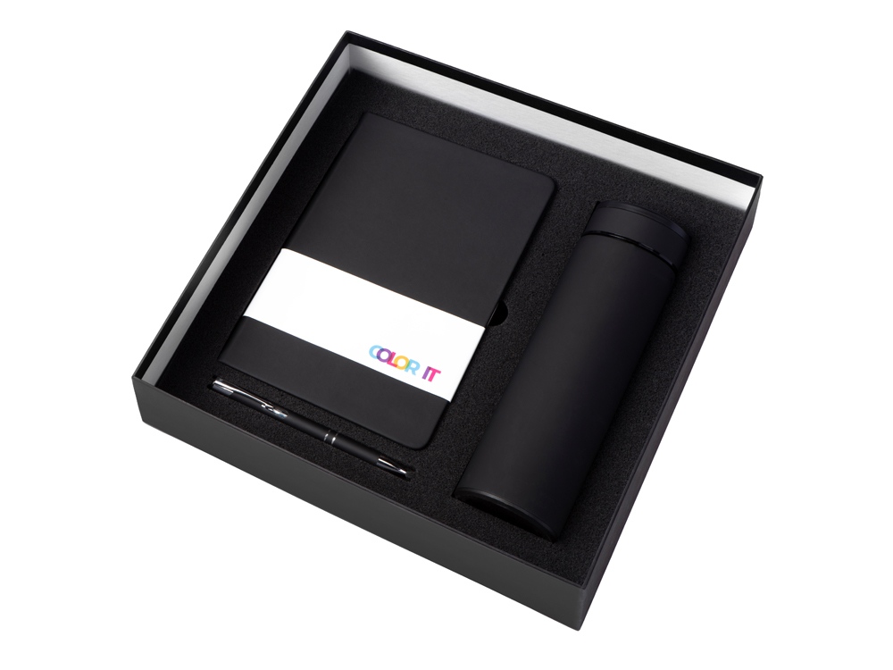 Подарочный набор с блокнотом С3, металлической ручкой и термосом, черный