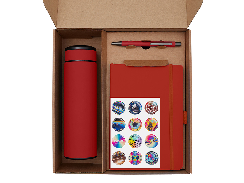 Подарочный набор с термосом, блокнотом, ручкой и чаем, красный