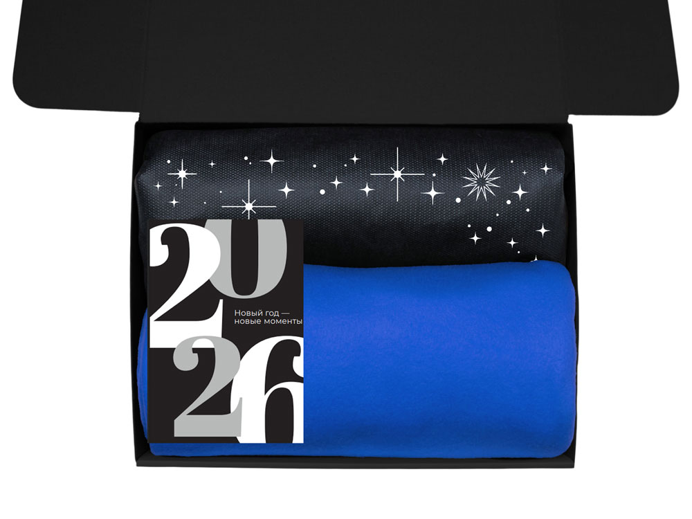 Подарочный набор c пледом, френчпрессом, чаем и медом, синий