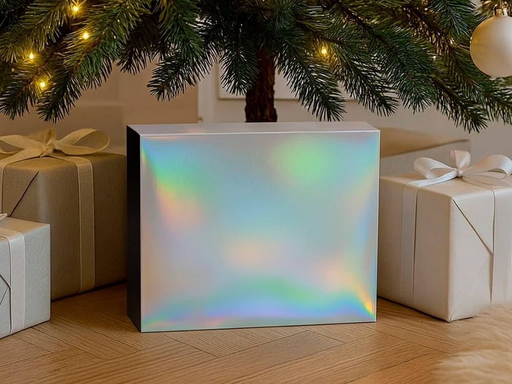 Подарочная коробка с голографическим шубером без печати Aurora, XL, 300х235х105 мм. Подарочная коробка с голографическим шубером без печати Aurora, XL, 300х235х105 мм.