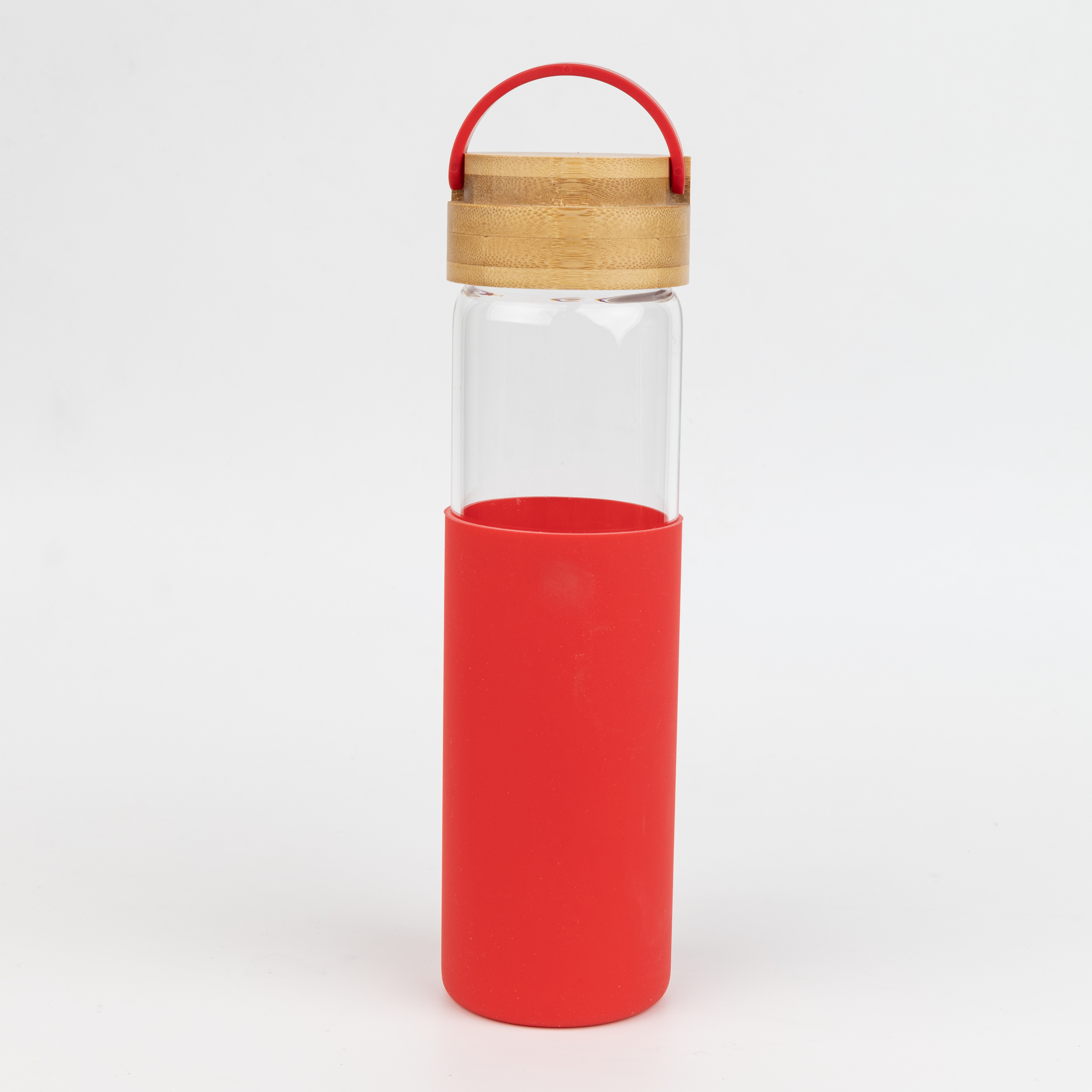 Бутылка стеклянная с силиконовой манжетой и бамбуковой крышкой  Glass, красная