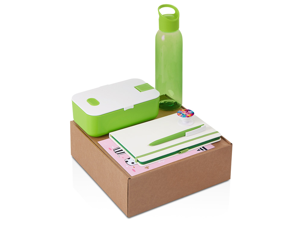 Подарочный набор с бутылкой для воды. блокнотом, ручкой и ланчбоксом, зеленое яблоко Подарочный набор с бутылкой для воды. блокнотом, ручкой и ланчбоксом, зеленое яблоко