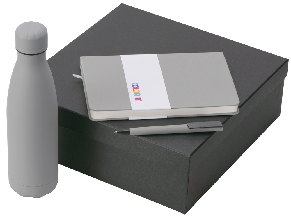 Подарочный набор c блокнотом C2, ручкой и термобутылкой, серый