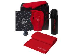 Подарочный набор с варежками, шарфом и термосом,красный Подарочный набор с варежками, шарфом и термосом,красный