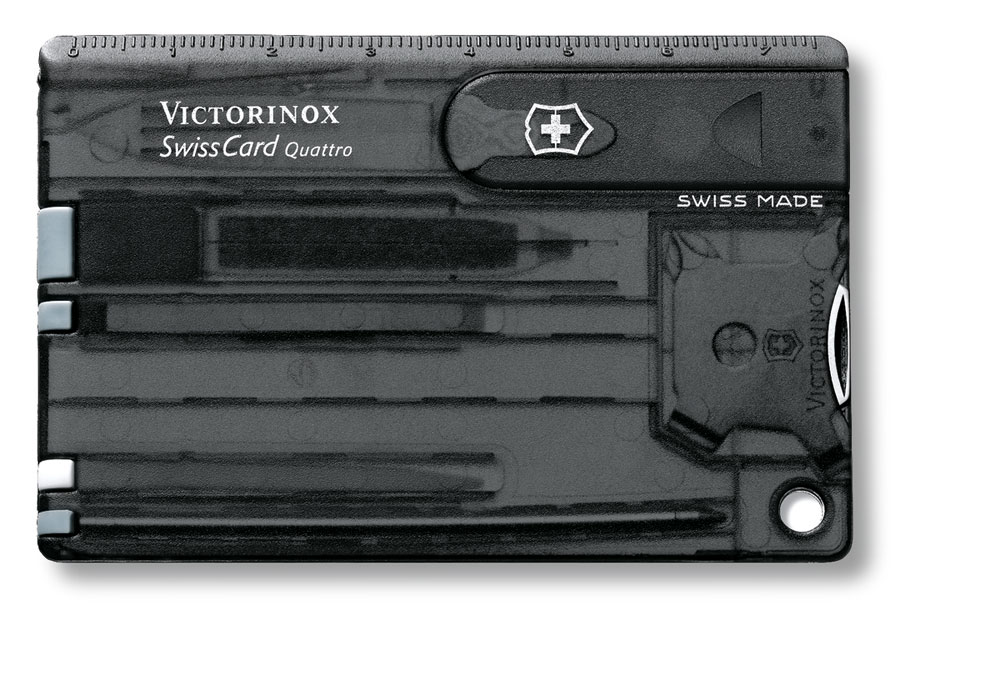 Швейцарская карточка VICTORINOX SwissCard Quattro, 14 функций, полупрозрачная чёрная