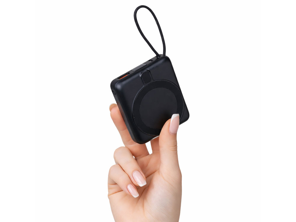 Магнитный беспроводной внешний аккумулятор c подсветкой лого Энчант, 10000 мАч, черный