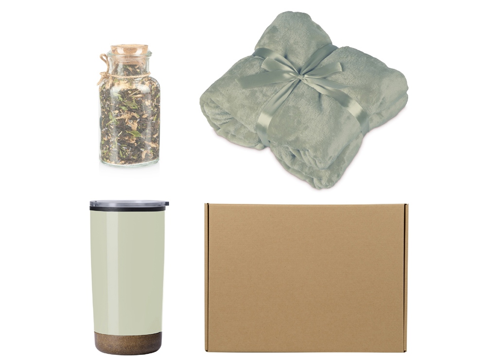 Подарочный набор с пледом, термокружкой и чаем, оливковый Подарочный набор с пледом, термокружкой и чаем, оливковый