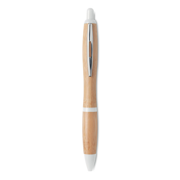 Ручка шариковая из бамбука и пластика белого цвета