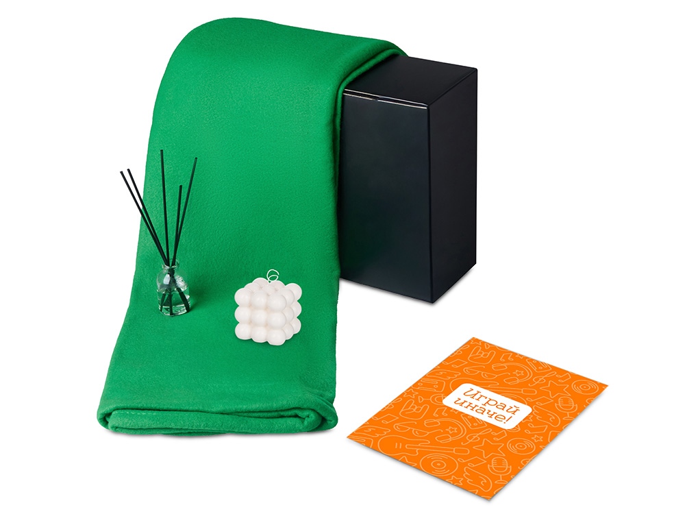 Подарочный набор с пледом, свечой и диффузором, зеленый Подарочный набор с пледом, свечой и диффузором, зеленый