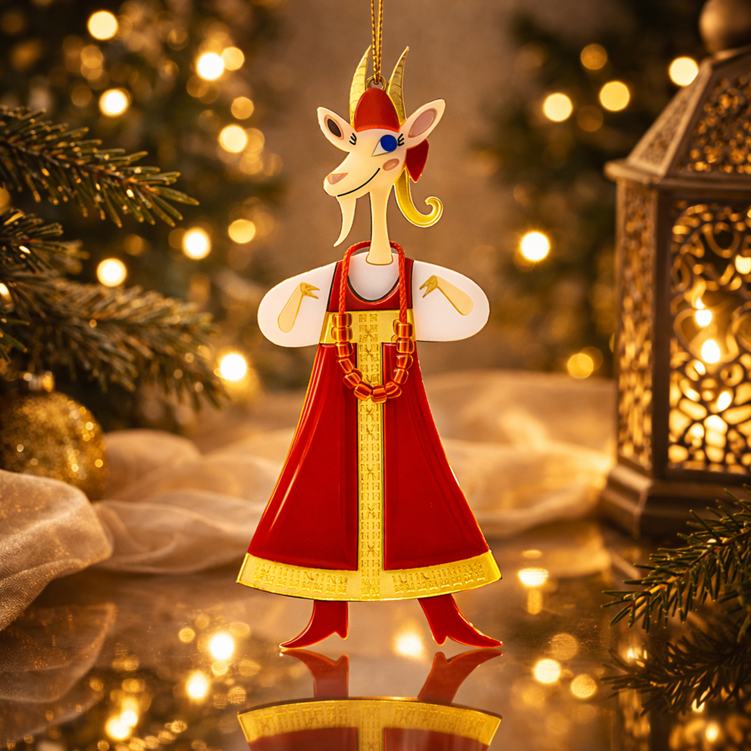 Ёлочная игрушка Коза в сарафане (красный с белым) Ёлочная игрушка Коза в сарафане (красный с белым)