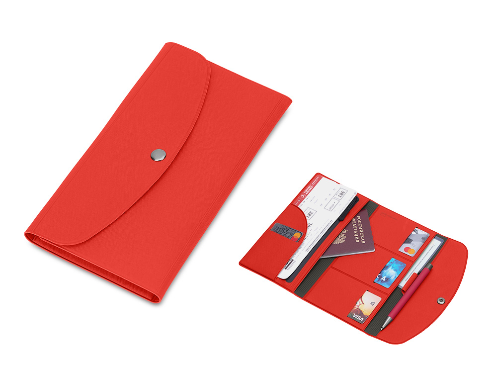 Органайзер для документов на кнопке с отделением для купюр и ручки, упаковка в индивидуальный пакет, красный/серый Органайзер для документов на кнопке с отделением для купюр и ручки, упаковка в индивидуальный пакет, красный/серый