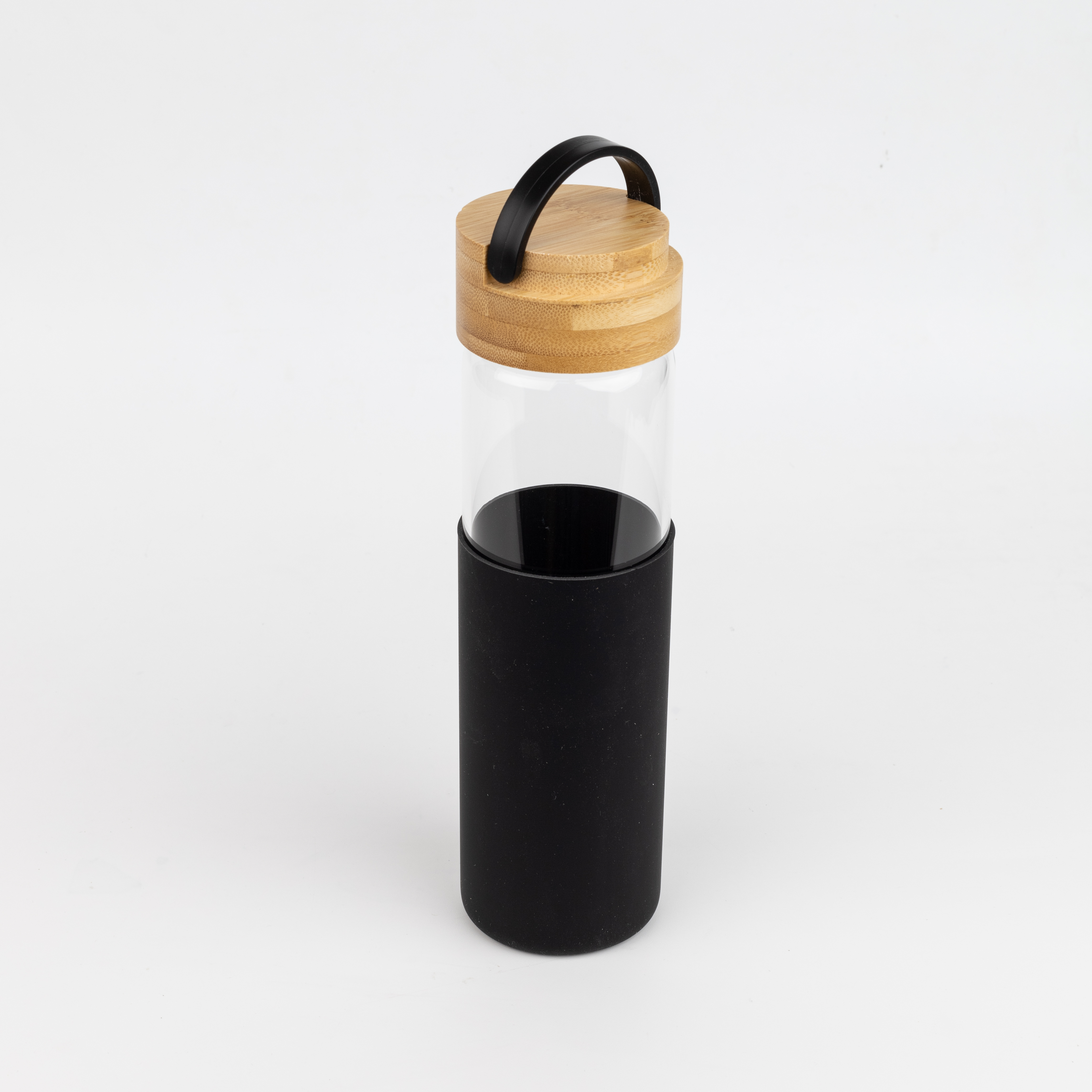 Бутылка стеклянная с силиконовой манжетой и бамбуковой крышкой  Glass, черная