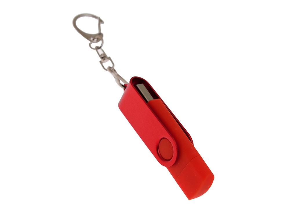 USB-флешка на 16 Гб 2 в 1 поворотный механизм, c дополнительным разъемом Type-C с одноцветным металлическим клипом, красный