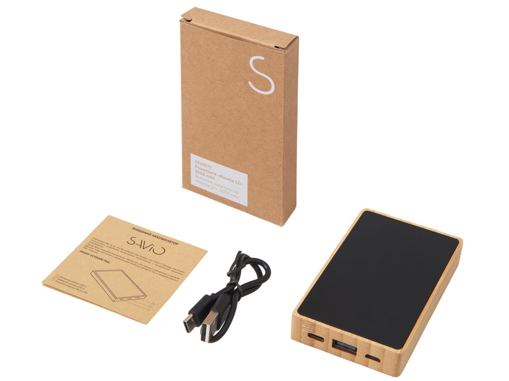 Внешний аккумулятор с подсветкой лого Reedia S2, 5000 mAh, бамбук, черный