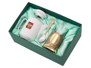 Чайный набор с подстаканником и фарфоровым чайником ЭГОИСТ-Л, золотистый/белый